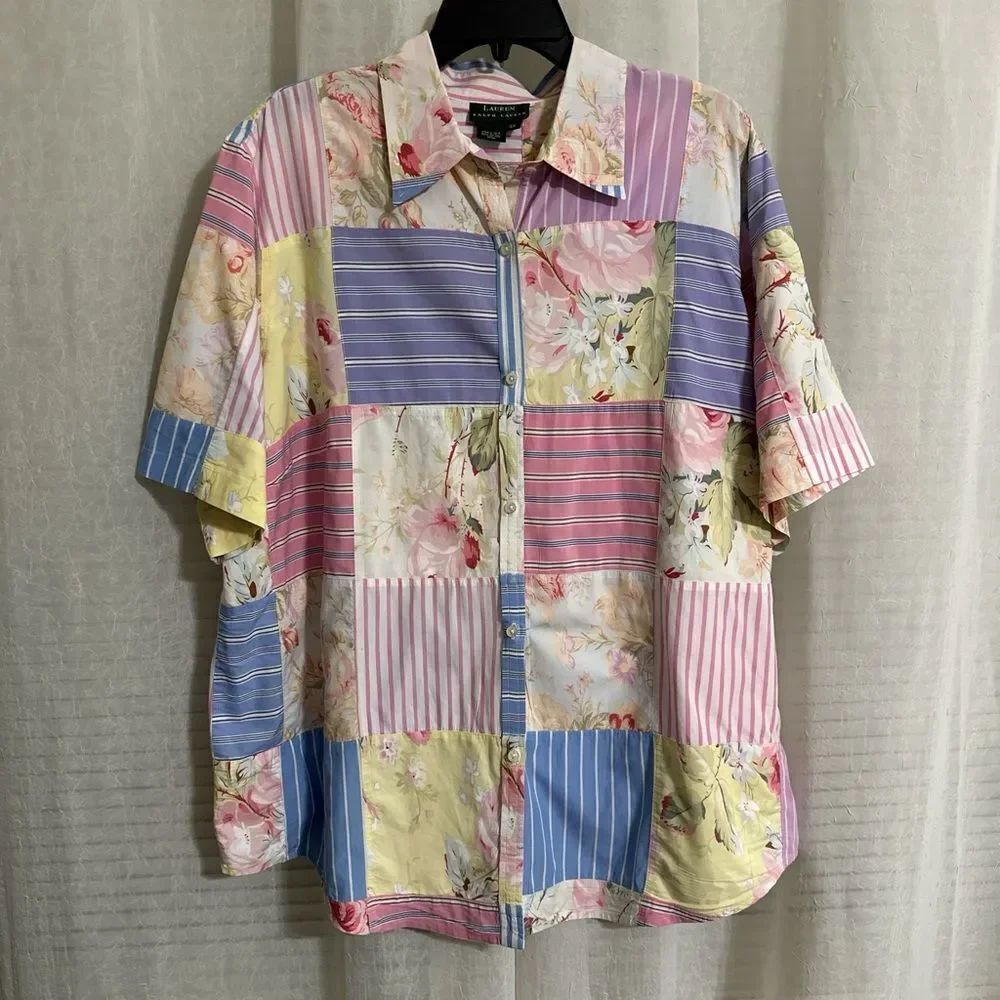 LRL 3X Pastel Pink Floral Stripe Patchwork Short Sleeve Button Vintage Shirt